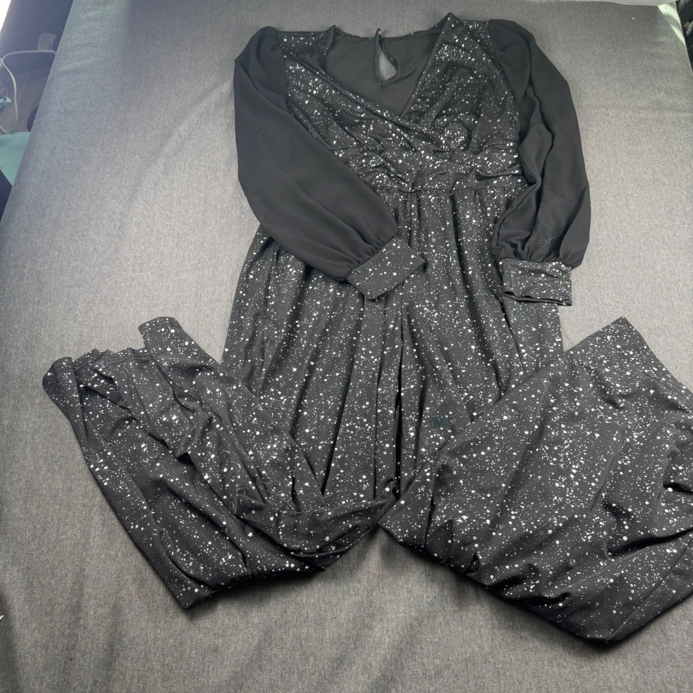 SHEIN 1XL Black Sparkle Print Sheer Sleeve‎ V-Neck Jumpsuit Women's